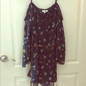 Dark blue flowy dress with brown wrap around belt